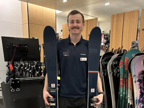 YamaSport staff with Line Sakana rental skis