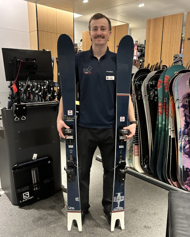 YamaSport staff with Line Sakana rental skis